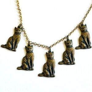 VTG Pididdly Links Cat Lovers Charm dangle Necklace chain fringe Gold tone 15"